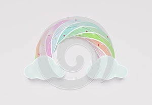 3D rendering of colorful pastel clouds and rainbow with empty space for kids or baby products. Sweet candy background