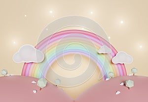 3D rendering of colorful pastel clouds and rainbow with empty space for kids or baby products. Sweet candy background