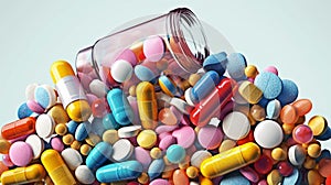 3d rendering of colorful pills spilling out of pill bottle on blue background.