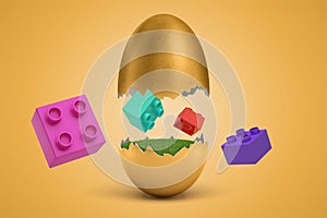 3d rendering of colorful toy bricks flying around broken golden egg from which they have hatched.