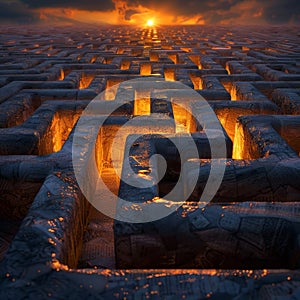 3D rendering of a complex stone labyrinth lit by a warm setting sun evoking a sense of challenge and mystique maze