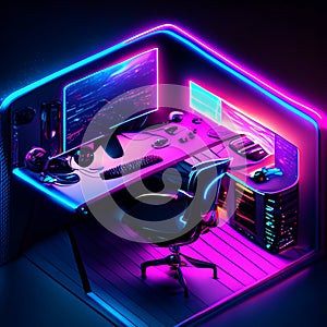 3d rendering of a computer room with a dj\'s desk in neon light Generative AI