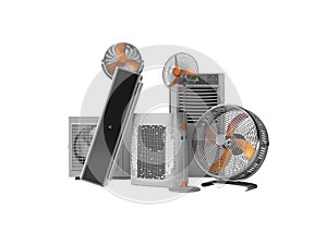 3D rendering concept of cooling in heat ventilators and air conditioners against white background no shadow