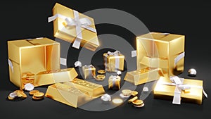 3D Rendering concept of golden piggy bank, golds, golden coins, presents on black background