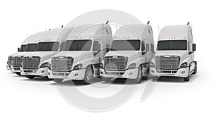 3d rendering of concept of group of white trucks for long distance trucking side view on white background with shadow