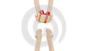 3D rendering concept of hand sending present box to other hand isolated on white concept of giving and donation.