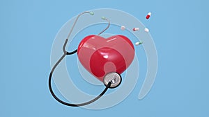 3d rendering concept healthcare and medical illustration. Heart with stethoscope and pills on light light green background.