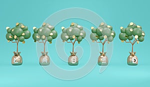 3D Rendering concept of investment money tree with symbols of cryptocurrency