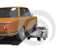 3d rendering concept of loading car on tow truck isolated rear view on white background no shadow