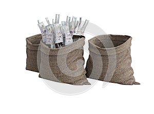 3d rendering concept of money falling in bag on white background no shadow
