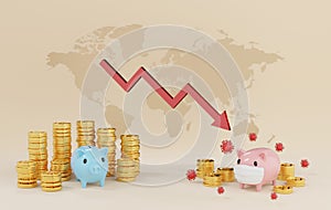 3D rendering The concept of piggy bank, money and coin reflects the decline in savings from the global recession caused by the