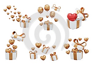 3D rendering concept of a present box opens up to heart and balloon