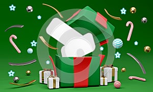 3D rendering concept of a present box opens up to show Christmas elements and blank papers, space for text