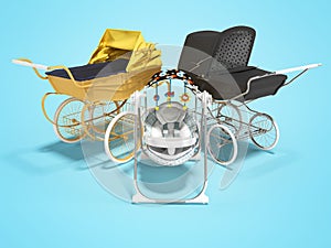 3d rendering concept yellow and black baby strollers for child with child seat on blue background with shadow
