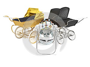 3d rendering concept yellow and black baby strollers for child with child seat on white background no shadow