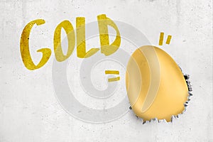 3d rendering of concrete wall with title `GOLD` and gold chicken egg smashed into wall so that it has broken hole in it.