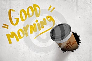 3d rendering of concrete wall with title `Good morning` and paper coffee cup that has torn hole in the wall.