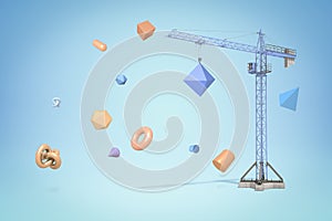 3d rendering of construction crane with random geometric objects on blue background