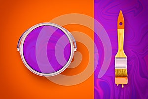 3d rendering of contrast orange and liquid-purple background with a paint bucket and a brush lying on differently