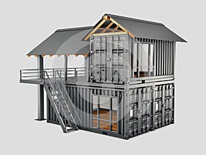 3d Rendering of Converted old shipping container into house, isolated gray, clipping path included