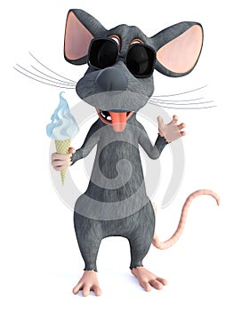 3D rendering of a cool cartoon mouse eating ice cream