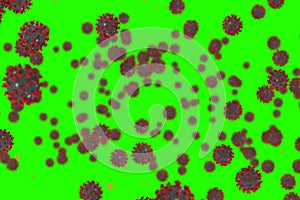 3D rendering, coronavirus cells covid-19 influenza flowing on chroma key green screen background as dangerous flu strain cases as