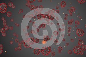 3D rendering, coronavirus cells covid-19 influenza flowing on grey gradient background as dangerous flu strain cases as a pandemic