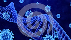 3D Rendering Coronavirus/COVID-19 and DNA Helix Models in Abstract Blue Background Still Image