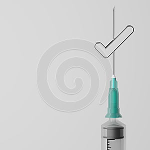 3D rendering Covid-19 vaccine syringe with Check mark sign, Side effects problem approve right choice, Vaccination Campaign for