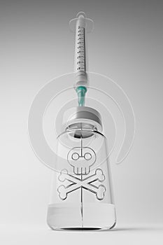 3D rendering Covid-19 vaccine syringe with Crossbones symbol in bottle, Problem hazard risk dead, Vaccination Campaign Herd