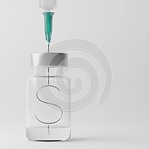 3D rendering Covid-19 vaccine syringe with Currency symbol Dollar in bottle Revive economy Vaccination Campaign Herd immunity