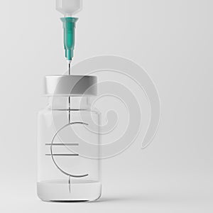 3D rendering Covid-19 vaccine syringe with Currency symbol Euro in bottle, Revive economy Vaccination Campaign Herd immunity