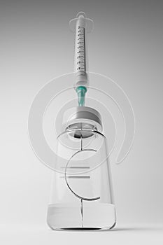 3D rendering Covid-19 vaccine syringe with Currency symbol Euro in bottle, Revive economy Vaccination Campaign Herd immunity