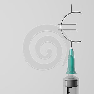 3D rendering Covid-19 vaccine syringe with Currency symbol Euro, Revive economy Vaccination Campaign Herd immunity protection from