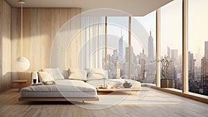 3D rendering of a cozy living room with a city view from window.