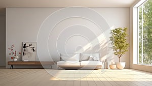 3D rendering of a cozy living room with a comfortable sofa.