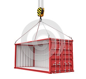 3d rendering of crane lifting empty red shipping container isolated on white background