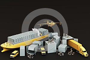 3D rendering of the crate box surrounded by cardboard boxes