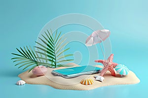 3D rendering, Creative summer beach on smartphone with blue background, summer vacation concept