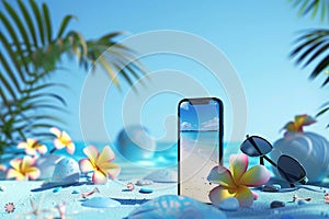 3D rendering, Creative summer beach on smartphone with blue background, summer vacation concept