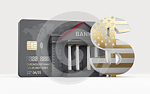 3d Rendering of Credit Card with Bank Building and Dollar sign. clipping path included