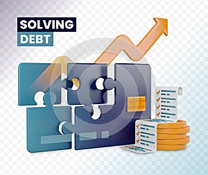 3d rendering of credit card with debt solving illustration. puzzle on credit card as metaphor of problem solving in loan and debt.