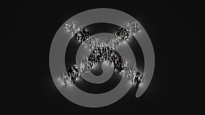 3d rendering of crowd of people with flashlight in shape of symbol of cancel on dark background