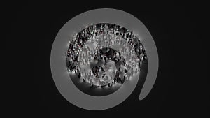 3d rendering of crowd of people with flashlight in shape of symbol of frown on dark background