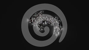 3d rendering of crowd of people with flashlight in shape of symbol of reply on dark background