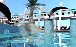 3D Rendering Cruise Ship Pool Deck