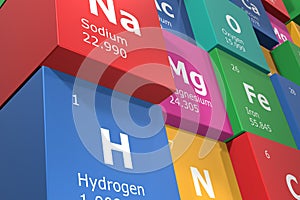 3D rendering of cubes of the elements of the periodic table, sodium, hydrogen, oxygen and nitrogen