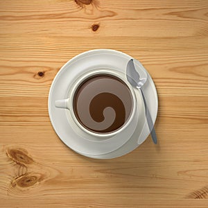 3D Rendering cup of coffee with spoon on wood backgroun