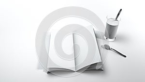 3d rendering a cup of milk with spoon and white book