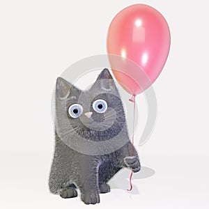 3D rendering of cute cartoon kitten with red balloon